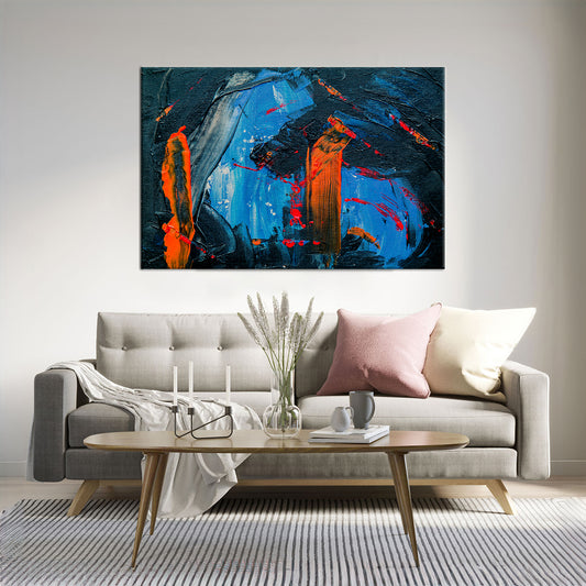 Blue, Black, and Orange abstract painting Framed Canvas