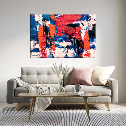 Blue, Orange, Red, and Black painting Framed Canvas