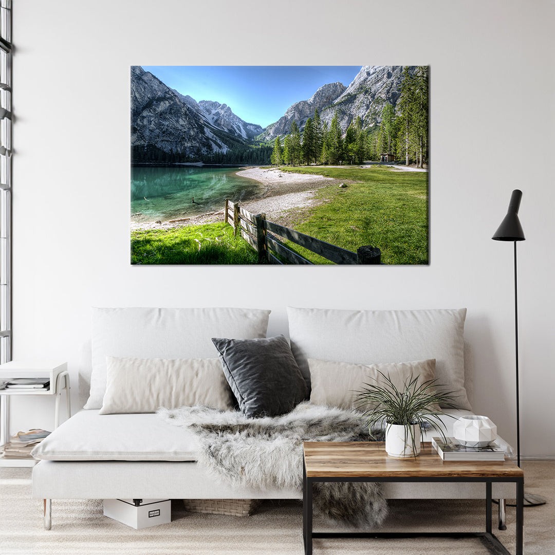 Conifer Fence Lake Framed Canvas