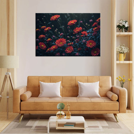 A bunch of red flowers with a yellow center