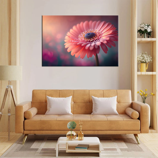 A pink flower with a red center and the pink background